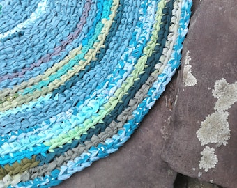 Green, teal, aqua crochet rag rug, farmhouse rug "braided" rug, crochet rug, crochet rag rug, baby, nursery, rain forest, Northwest Seattle
