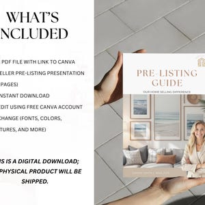 May include: A digital download titled "Pre-Listing Guide" held in a person's hands. The guide features a woman and framed beach art. Text includes "What's Included" and details about the digital product.