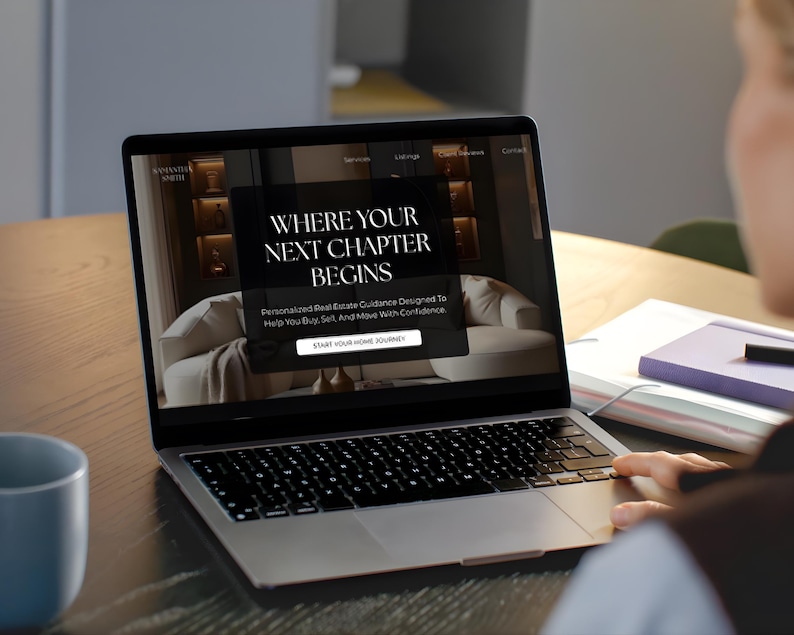 May include: A silver laptop displaying a website with the text WHERE YOUR NEXT CHAPTER BEGINS and Personalised Real Estate Guidance Designed To Help You Buy, Sell, And Move With Confidence, featuring a button labelled START YOUR HOME JOURNEY.