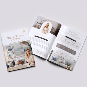 May include: A brochure and an open booklet with a white and gold color scheme. The brochure reads "PRE-LISTING GUIDE" and "OUR HOME SELLING DIFFERENCE". The open booklet displays the text "RUSTED PERFORMANCE".