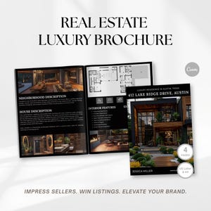 Puede incluir: Folleto de lujo de bienes raíces con el texto "REAL ESTATE LUXURY BROCHURE". El folleto incluye imágenes de una casa, planos de planta y características interiores. Para una residencia de lujo en Austin, Texas.