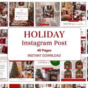 May include: A collection of Instagram post templates with a holiday theme. The central text reads "HOLIDAY Instagram Post 40 Pages INSTANT DOWNLOAD". The images feature Christmas decorations, wreaths, and cozy interior scenes, with text overlays.