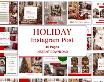 May include: A set of Instagram post templates with a festive holiday theme. The central text reads "HOLIDAY Instagram Post 40 Pages INSTANT DOWNLOAD". The images showcase Christmas decorations, wreaths, and interior scenes, with text overlays.