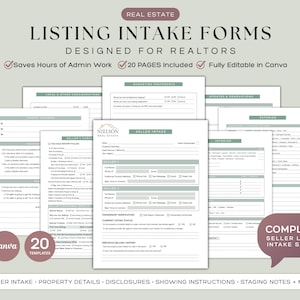 Pode incluir: Um conjunto de 20 formulários de admissão de listagem imobiliária para corretores, com modelos editáveis no Canva. Os documentos incluem seções para dados do vendedor, detalhes da propriedade, divulgações e instruções de visita.