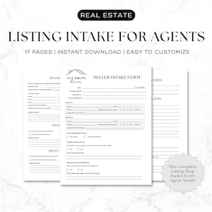 Op de afbeelding: Een intakeformulier voor makelaars, met een strak, minimalistisch ontwerp. Het formulier bevat secties voor huurder- en verkoperinformatie, met de tekst "LISTING INTAKE FOR AGENTS" bovenaan. De afbeelding bevat ook de tekst "17 PAGES | INSTANT DOWNLOAD | EASY TO CUSTOMIZE".