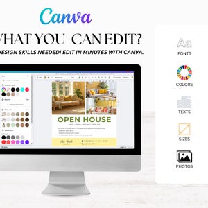 May include: A computer monitor displays a Canva interface with the text "WHAT YOU CAN EDIT?" and "NO DESIGN SKILLS NEEDED! EDIT IN MINUTES WITH CANVA." The screen shows an "Open House" template. Icons for fonts, colors, texts, sizes, and photos are visible.