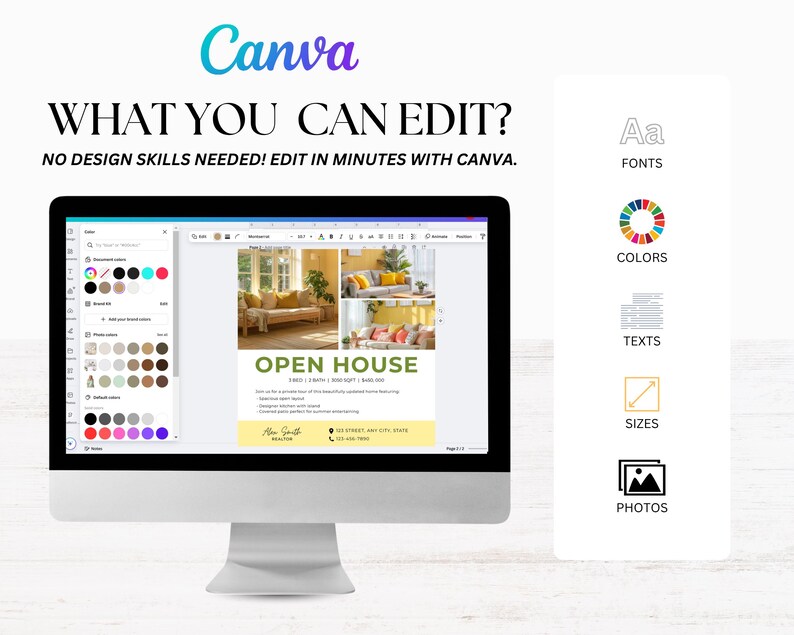 May include: A computer monitor displays a Canva interface with the text "WHAT YOU CAN EDIT?" and "NO DESIGN SKILLS NEEDED! EDIT IN MINUTES WITH CANVA." The screen shows an "Open House" template. Icons for fonts, colors, texts, sizes, and photos are visible.