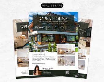 Folleto de puertas abiertas, comprador de vivienda, vendedor de vivienda, plantilla editable de Canva, recién publicado, folleto de puertas abiertas de bienes raíces en Canva, marketing inmobiliario
