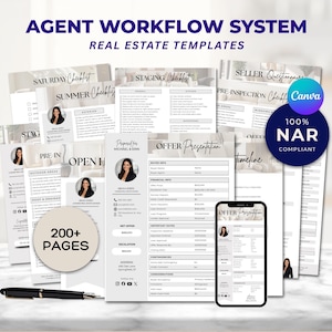 May include: A collection of real estate templates, including checklists and offer presentations. The image features a smartphone displaying a template, a pen, and a circular badge that says "100% NAR COMPLIANT". The text "AGENT WORKFLOW SYSTEM" is at the top.
