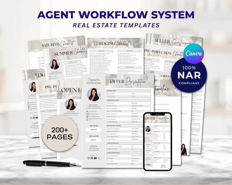 May include: A collection of real estate templates, including checklists and offer presentations. The image features a smartphone displaying a template, a pen, and a circular badge that says "100% NAR COMPLIANT". The text "AGENT WORKFLOW SYSTEM" is at the top.