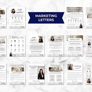 May include: A collection of marketing letters with a navy blue banner that reads "MARKETING LETTERS". The letters are white with black text and feature images of homes and a woman in a blazer. The letters cover topics like "Just Sold" and "Hello Neighbor!"