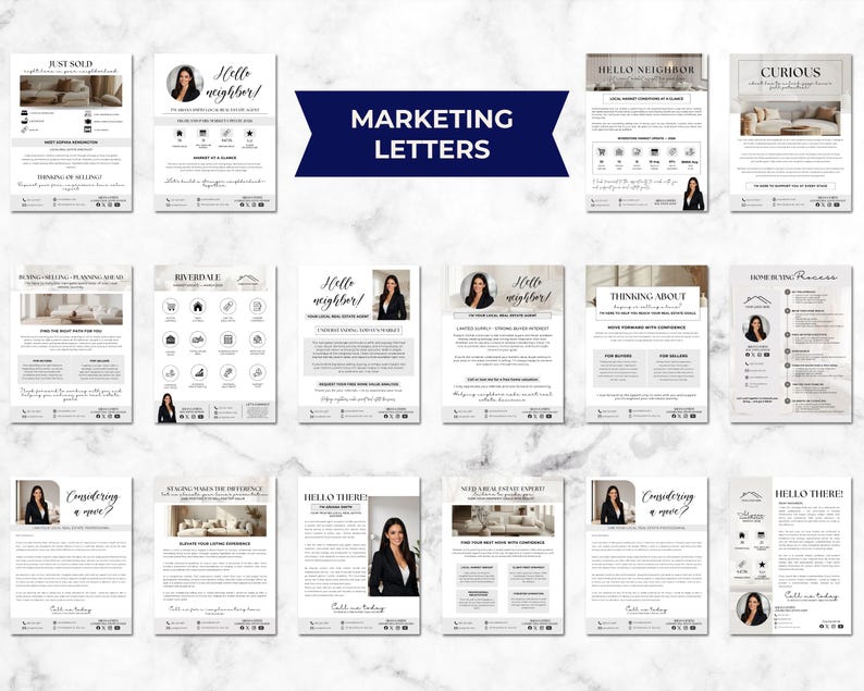 May include: A collection of marketing letters with a navy blue banner that reads "MARKETING LETTERS". The letters are white with black text and feature images of homes and a woman in a blazer. The letters cover topics like "Just Sold" and "Hello Neighbor!"