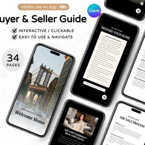 May include: A digital real estate guide displayed on multiple smartphones. The guide is titled "Buyer & Seller Guide" and features interactive and easy-to-use navigation. The guide has 34 pages and includes information on preparing a home for sale and the sale process.