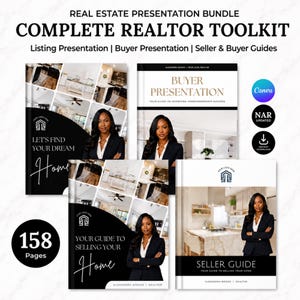 May include: A real estate presentation bundle featuring a complete realtor toolkit with multiple document covers. Each cover displays a professional in a dark blazer, interior home photography, and text including Buyer Presentation and Seller Guide.