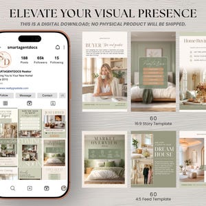 May include: A digital download featuring Instagram templates for real estate agents. The templates include story and feed designs with a neutral color palette. The phone displays a realtor's profile with the text "SMARTAGENTDOCS Realtor". The text "ELEVATE YOUR VISUAL PRESENCE" is at the top.