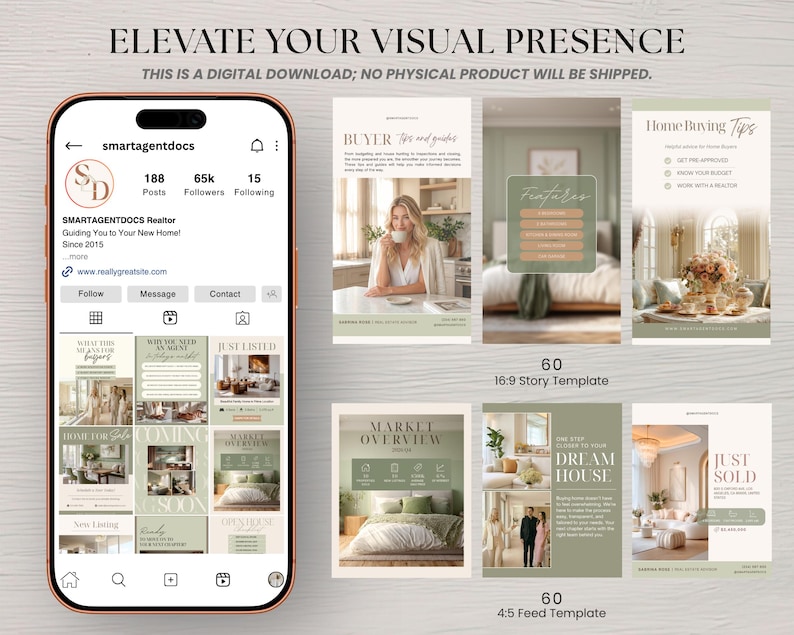 May include: A digital download featuring Instagram templates for real estate agents. The templates include story and feed designs with a neutral color palette. The phone displays a realtor's profile with the text "SMARTAGENTDOCS Realtor". The text "ELEVATE YOUR VISUAL PRESENCE" is at the top.
