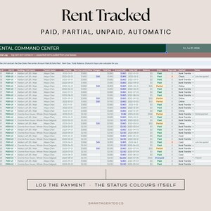 May include: A digital rental tracking spreadsheet titled Rent Tracked with the subtitle PAID, PARTIAL, UNPAID, AUTOMATIC. The Rental Command Center table displays columns for Entry ID, Unit ID, Tenant, Due Date, Rent Due, Amount Paid, and Status.