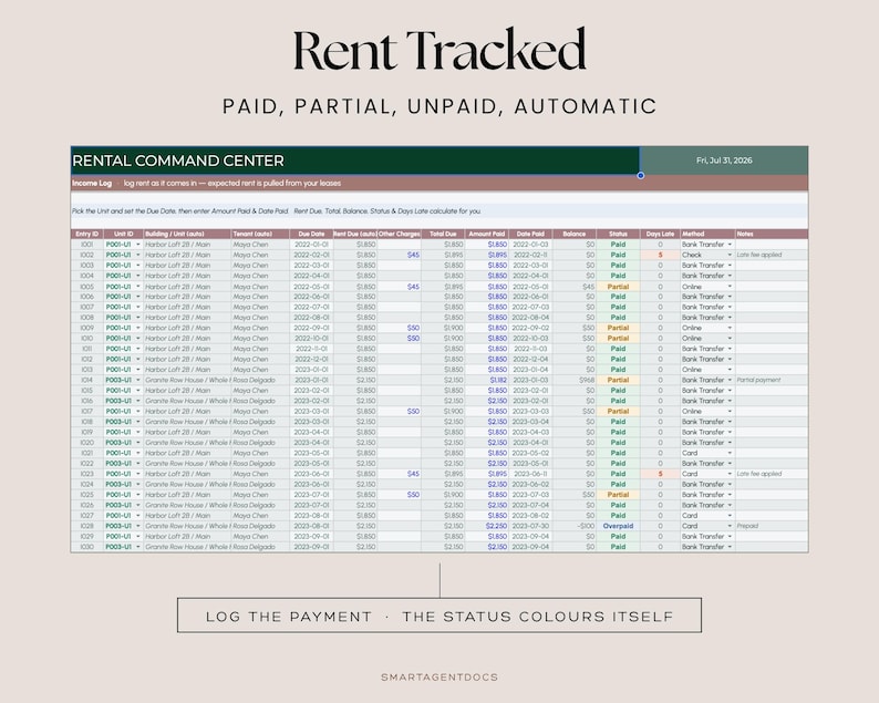 May include: A digital rental tracking spreadsheet titled Rent Tracked with the subtitle PAID, PARTIAL, UNPAID, AUTOMATIC. The Rental Command Center table displays columns for Entry ID, Unit ID, Tenant, Due Date, Rent Due, Amount Paid, and Status.