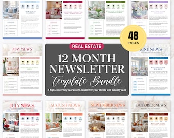 Real Estate Newsletter Bundle, Editable Newsletter Canva Template, 12 Month Property Newsletters, Realtor Full Year Newsletter Bundle