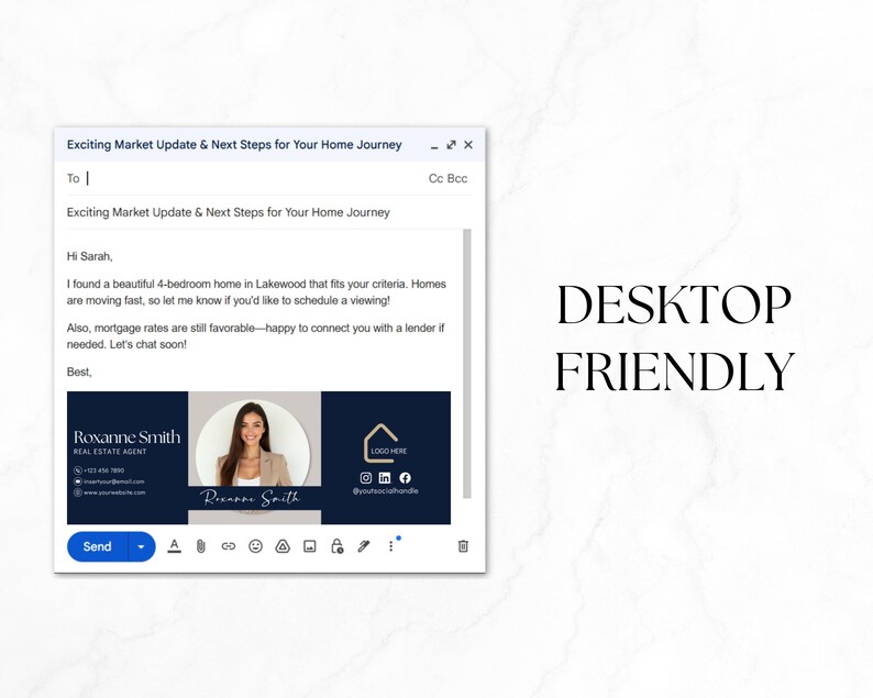 Pu&ograve; includere: Uno screenshot di un'e-mail intitolata "Exciting Market Update & Next Steps for Your Home Journey". L'e-mail include le informazioni di contatto di un agente immobiliare e un messaggio su una casa.