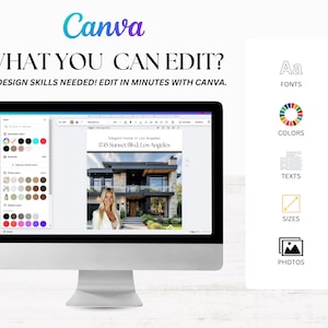 May include: A computer monitor displays a Canva interface with the text "WHAT YOU CAN EDIT?" and "NO DESIGN SKILLS NEEDED! EDIT IN MINUTES WITH CANVA." The screen shows a real estate document. Icons for fonts, colors, texts, sizes, and photos are on the right.
