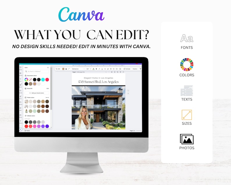 May include: A computer monitor displays a Canva interface with the text "WHAT YOU CAN EDIT?" and "NO DESIGN SKILLS NEEDED! EDIT IN MINUTES WITH CANVA." The screen shows a real estate document. Icons for fonts, colors, texts, sizes, and photos are on the right.