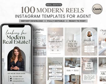 Modelli per reel Instagram per il settore immobiliare / Contenuti video Canva per agenti immobiliari / Kit di marketing per i social media