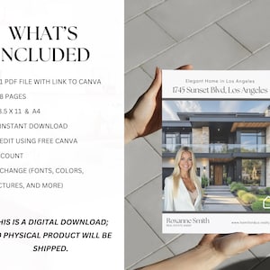 May include: A digital download real estate flyer with the text "Elegant Home in Los Angeles" and "1745 Sunset Blvd, Los Angeles." The flyer includes a photo of a modern home and a real estate agent. The flyer is 8.5 x 11 inches and A4 size.