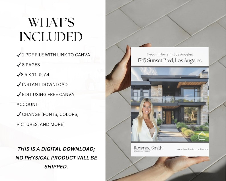 May include: A digital download real estate flyer with the text "Elegant Home in Los Angeles" and "1745 Sunset Blvd, Los Angeles." The flyer includes a photo of a modern home and a real estate agent. The flyer is 8.5 x 11 inches and A4 size.