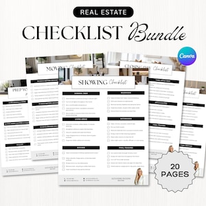Könnte beinhalten: Ein Bündel von Immobilien-Checklisten, darunter eine Umzugs-Checkliste, eine Besichtigungs-Checkliste und eine Checkliste für den Abschlusstag. Der schwarze Text auf weißen Seiten umfasst Abschnitte für allgemeine Vorbereitung, Schlafzimmer, Badezimmer und letzte Handgriffe. Das Bundle hat 20 Seiten.