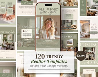 Modelli Instagram per il settore immobiliare color verde salvia, 120 post e storie per agenti immobiliari su Canva, kit di marketing per social media dal design estetico, modelli modificabili.