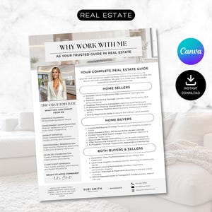 Puede incluir: Una guía inmobiliaria blanca y gris con el texto "WHY WORK WITH ME" y "YOUR COMPLETE REAL ESTATE GUIDE". La guía incluye una foto de una mujer y enumera los servicios para vendedores, compradores y ambos. También hay un logotipo de Canva y descarga instantánea.