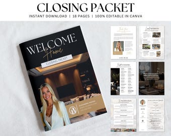 May include: A black and gold "Closing Packet" with the text "Welcome Home" and "Closing Packet". The image includes a photo of a woman and several pages with text and images. The words "Instant Download | 18 Pages | 100% Editable in Canva" are also visible.