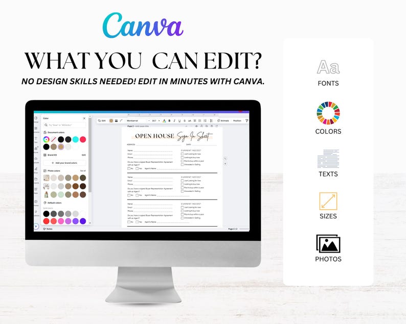May include: A computer monitor displays a Canva design interface with an "Open House Sign-In Sheet" template. The screen shows editing options and a color palette. Text includes "What You Can Edit?" and "No Design Skills Needed! Edit in Minutes with Canva."