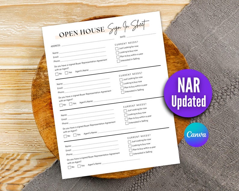 May include: A white Open House sign-in sheet with sections for address, contact information, and current needs. The sheet includes the text "Sign In Sheet" and "NAR Updated". A purple circle with the text "NAR Updated" and a blue circle with the text "Canva" are also visible.