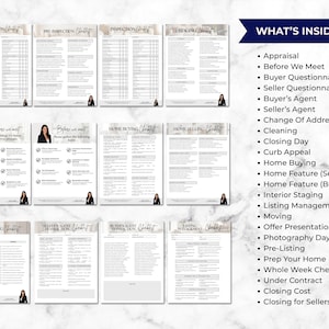 May include: A collection of checklists for real estate transactions. The pages include checklists for inspection, pre-inspection, home buying, home selling, and listing management. The text "What's Inside" lists topics like appraisal, closing day, and interior staging.