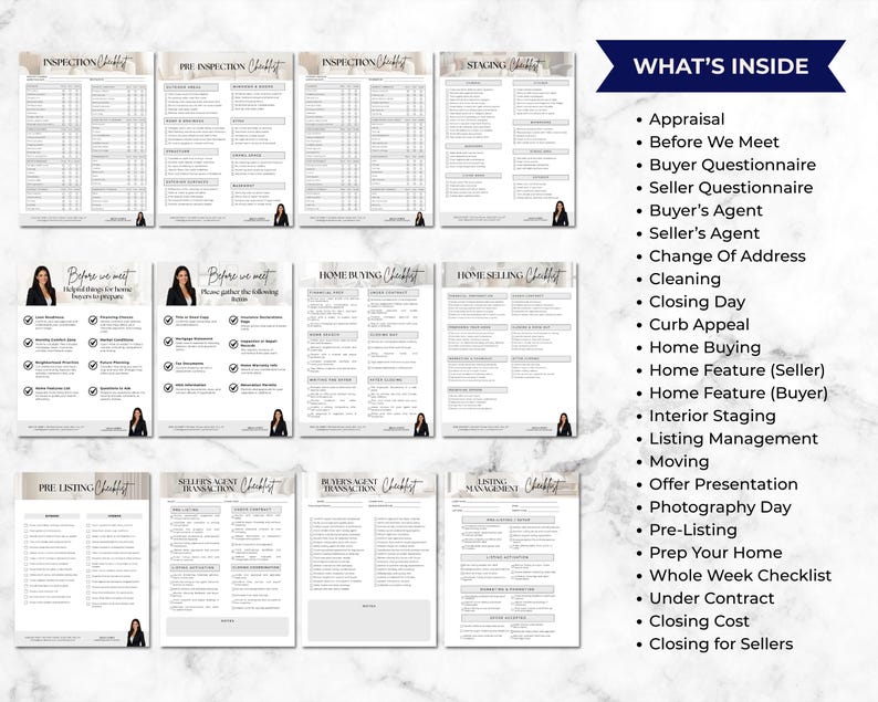 May include: A collection of checklists for real estate transactions. The pages include checklists for inspection, pre-inspection, home buying, home selling, and listing management. The text "What's Inside" lists topics like appraisal, closing day, and interior staging.