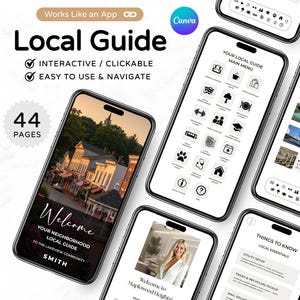Puede incluir: Una maqueta de varios teléfonos inteligentes que muestran una aplicación de guía local. La aplicación presenta una pantalla de bienvenida con una foto de la ciudad y el texto "Welcome". Otras pantallas muestran iconos de menú e información local. La aplicación es interactiva, cliquable y fácil de usar.