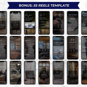 May include: A collection of smartphone screens with real estate marketing content. The screens feature text like "Top Reasons to Hire a Realtor," "Just Listed," and "For Sale." The top banner reads "BONUS: 55 REELS TEMPLATE."