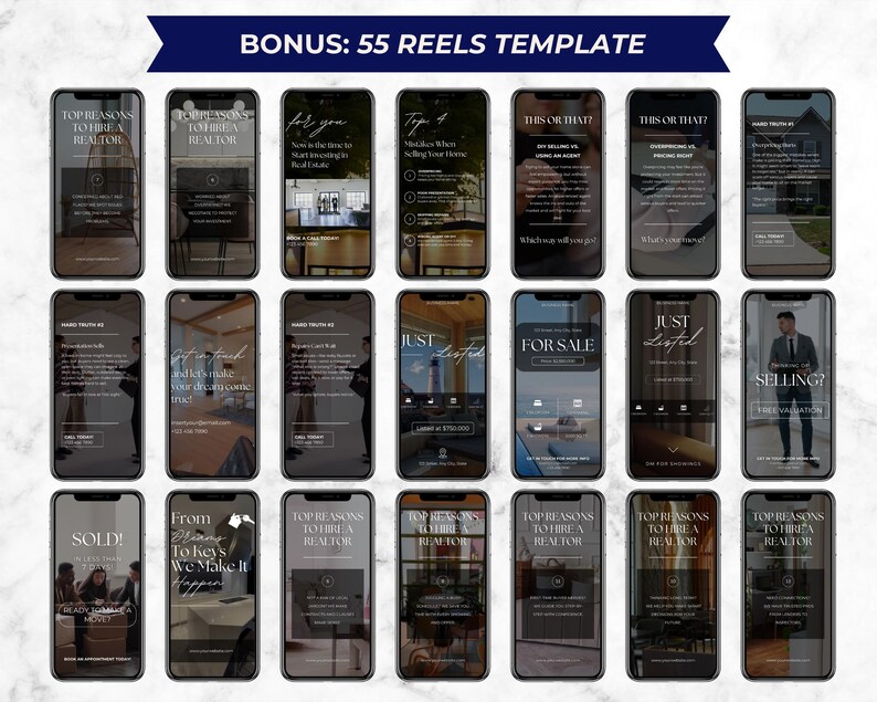 May include: A collection of smartphone screens with real estate marketing content. The screens feature text like "Top Reasons to Hire a Realtor," "Just Listed," and "For Sale." The top banner reads "BONUS: 55 REELS TEMPLATE."
