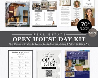 Open House Bundle | Sign-In Sheet, Feedback Form, Flyer, Door Hanger, Feature Sheet | Realtor Canva Templates