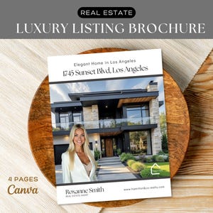 以下が含まれることがあります： 「Luxury Listing Brochure」と「Elegant Home in Los Angeles」の文字が入った不動産用高級リーフレット。モダンな物件と不動産エージェントを紹介しています。木製の表面に置かれています。