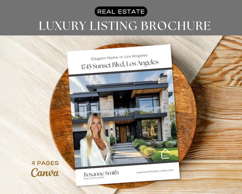 May include: A luxury listing brochure for real estate, featuring a modern home in Los Angeles. The brochure includes a photo of the property and a real estate agent. The text reads "Luxury Listing Brochure" and "Elegant Home in Los Angeles".