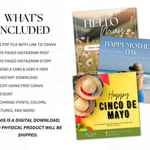 May include: Digital download product with three promotional graphics. One graphic says "Hello May" with a floral background. Another says "Happy Mother's Day" with a beach scene. The third says "Happy Cinco de Mayo" with sombreros.