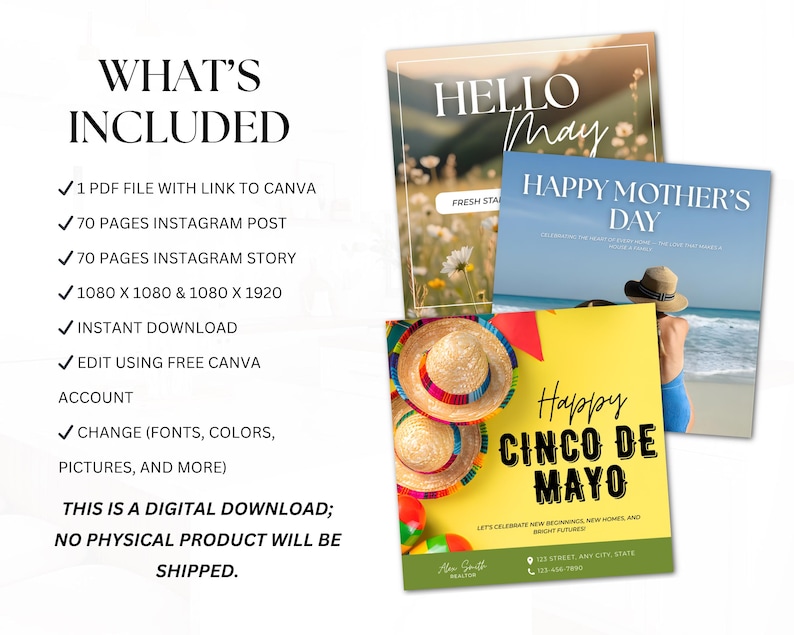 May include: Digital download product with three promotional graphics. One graphic says "Hello May" with a floral background. Another says "Happy Mother's Day" with a beach scene. The third says "Happy Cinco de Mayo" with sombreros.