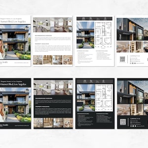 May include: A collection of real estate marketing materials. The brochures feature images of a modern home, floor plans, and interior and exterior features. The text includes "Elegant Home in Los Angeles" and "1745 Sunset Blvd, Los Angeles."