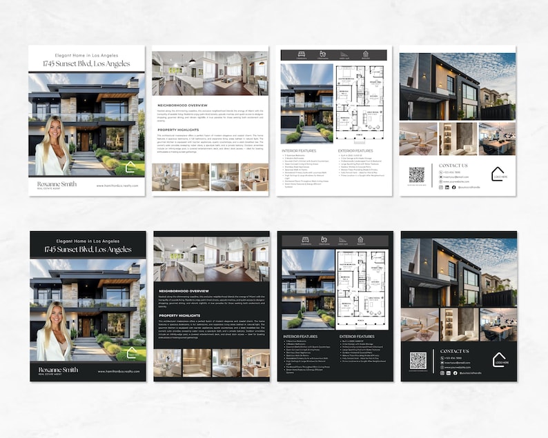 May include: A collection of real estate marketing materials. The brochures feature images of a modern home, floor plans, and interior and exterior features. The text includes "Elegant Home in Los Angeles" and "1745 Sunset Blvd, Los Angeles."