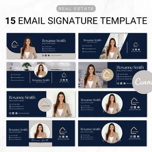 May include: A digital design featuring 15 email signature templates for real estate professionals. Each template showcases a professional headshot, contact information, and a logo placeholder, set against a navy blue and white background. The text "REAL ESTATE" and "15 EMAIL SIGNATURE TEMPLATE" are at the top.