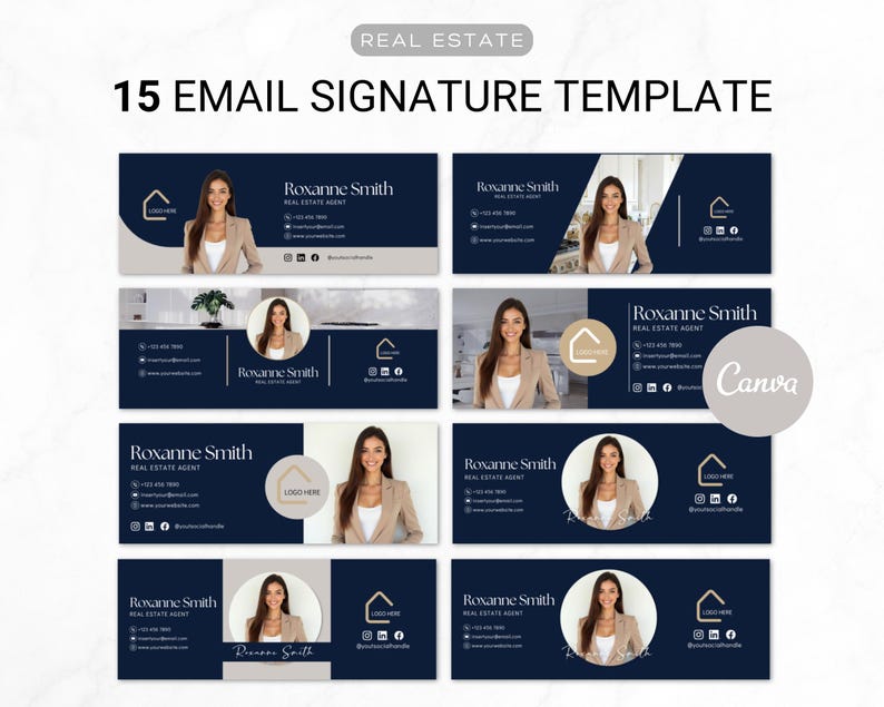 Pu&ograve; includere: Un design digitale con 15 modelli di firma e-mail per professionisti del settore immobiliare. Ogni modello presenta un ritratto professionale, informazioni di contatto e un segnaposto per il logo, su uno sfondo blu navy e bianco. Il testo "REAL ESTATE" e "15 EMAIL SIGNATURE TEMPLATE" sono in alto.