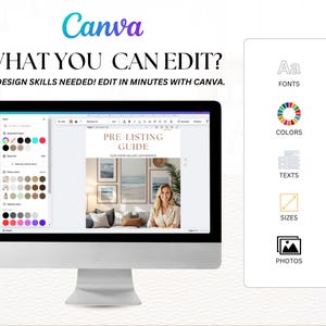 May include: A computer monitor displays a Canva design interface with the text "WHAT YOU CAN EDIT?" and "NO DESIGN SKILLS NEEDED! EDIT IN MINUTES WITH CANVA." On the right are icons for fonts, colors, texts, sizes, and photos.
